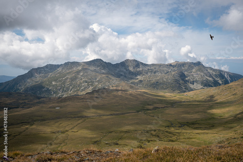 Bird flying in front of the epic summits on Rila mountain and vast highlands with a farm house at the bottom of the cliffs