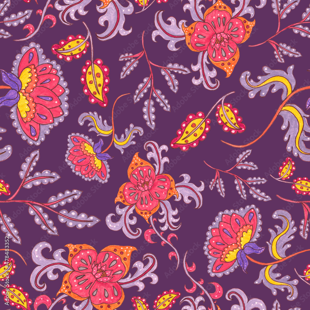 Watercolor seamless pattern with folky flowers and leaves in ethnic style. Floral decoration. Traditional paisley pattern. Textile design texture.Tribal ethnic vintage seamless pattern.	