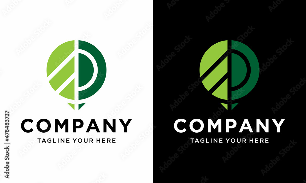 The location pin logo design is combined with natural leaves. logo with style line art minimalist . on a black and white background.