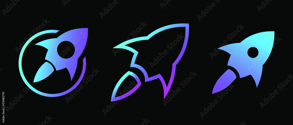 Fototapeta premium Set of modern rocket icons, logo or sign. Vector illustration isolated on black background. EPS 10