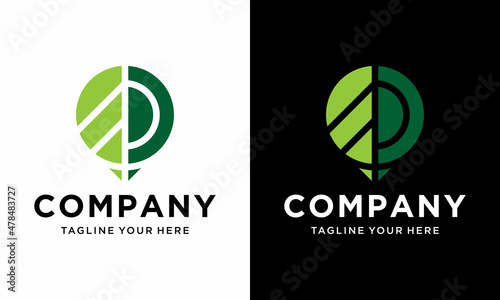 The location pin logo design is combined with natural leaves. logo with style line art minimalist . on a black and white background.