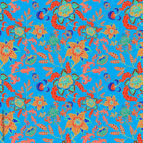 Watercolor seamless pattern with folky flowers and leaves in ethnic style. Floral decoration. Traditional paisley pattern. Textile design texture.Tribal ethnic vintage seamless pattern. 