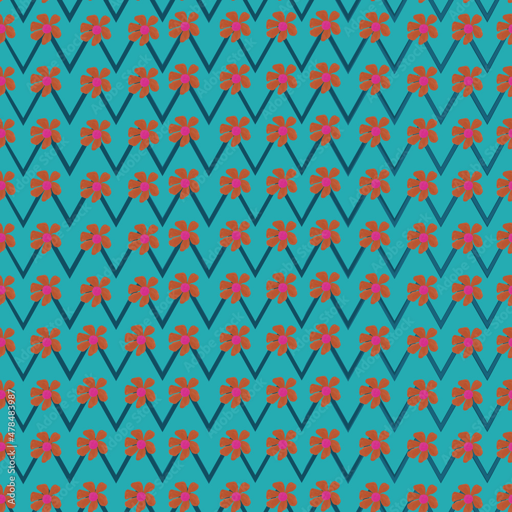 Blue with flowers zigzag seamless vector repeat pattern print background Blue with flowers zigzag seamless vector repeat pattern print background