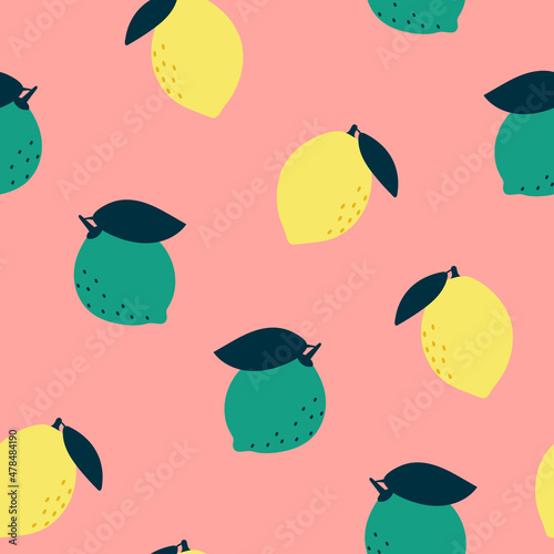 Seamless pattern with hand-drawn lime and lemons. Vector illustration
