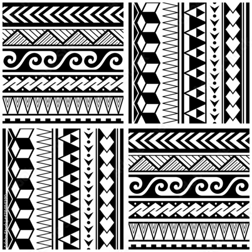 Polynesian tribal seamless vector pattern with geometric shapes - triangles, waves zig-zag, ethnic Hawaiian textile or fabric print in black and whtie
