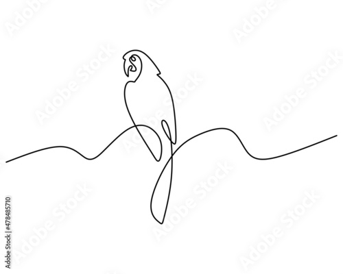 One continuous single line of Scarlet Macaw. Famous bird line art isolated on white background.