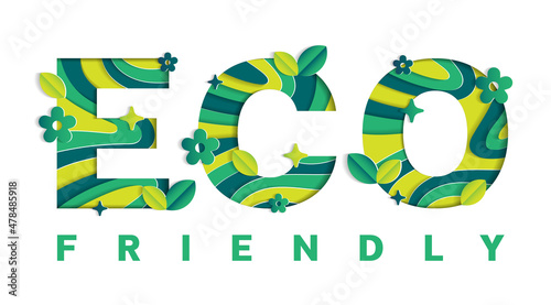 ECO-friendly word Abstract Paper Lively Flower Leaf Sparkle Green Mountain Geography Contour Map 3D Layer Line Cutout Card Web Banner