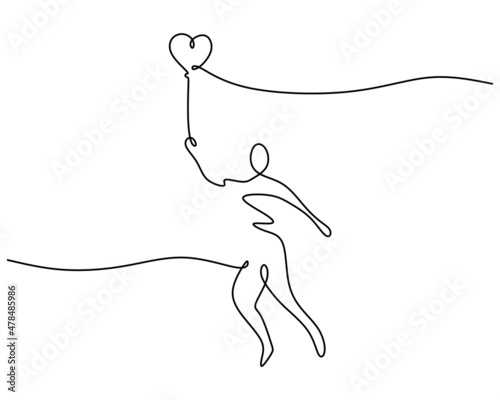 One continuous single line of girl jumping with heart balloon for valentine day isolated on white background.