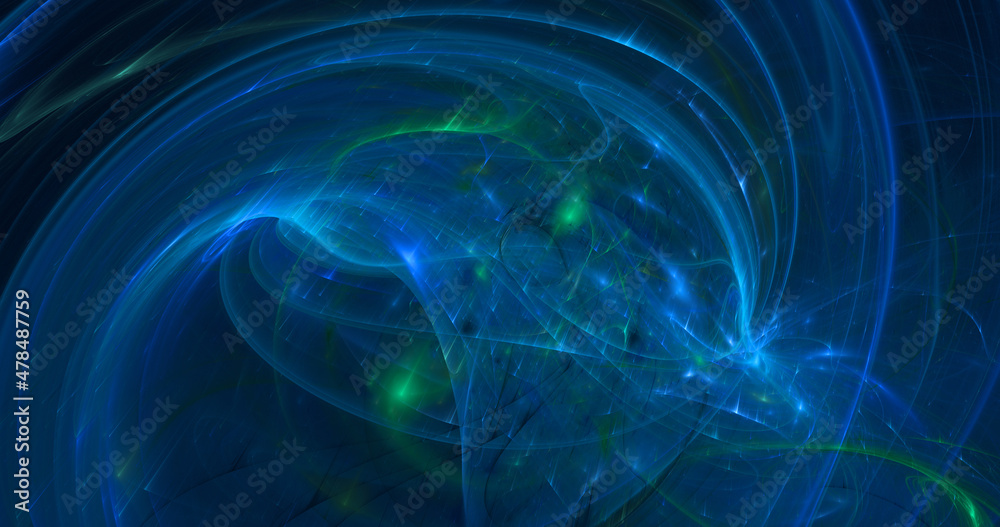 Abstract colorful blue and green shapes on a dark background. Aurora, solar storms. Fantastic glowing fractal shapes. Festive wallpaper. Digital fractal art. 3d rendering.
