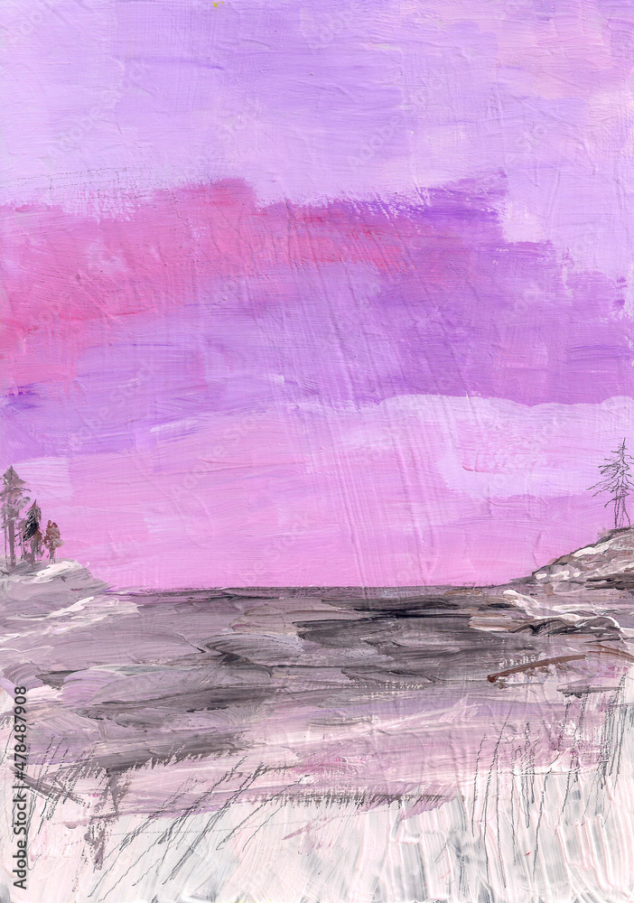 Rocky stone shores of Sweden Scandinavia in winter. Painting landscape of snowy coast with silhouettes of pine trees evergreen firs. Pink sunset twilight sky. Ice on the water between shores. Reeds.