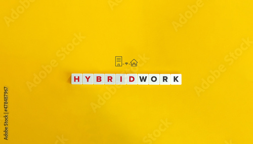 Hybrid Work Banner, Icon and Concept. Block letters on bright orange background. photo