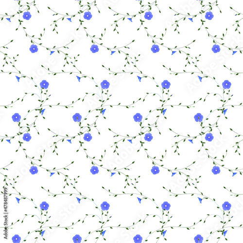 Floral arrangement of flax flowers and buds  from the stem and leaves on a white background, seamless pattern, vector
