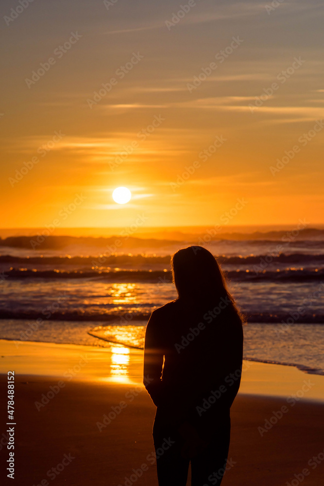 silhouette of a beautiful young woman with long hair on the beach in the evening