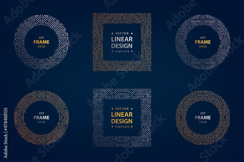 Vector set of art deco linear square, round borders, frames, decorative design templates. Creative template in classic retro style of 1920s. Use for packaging, advertising, as banner.