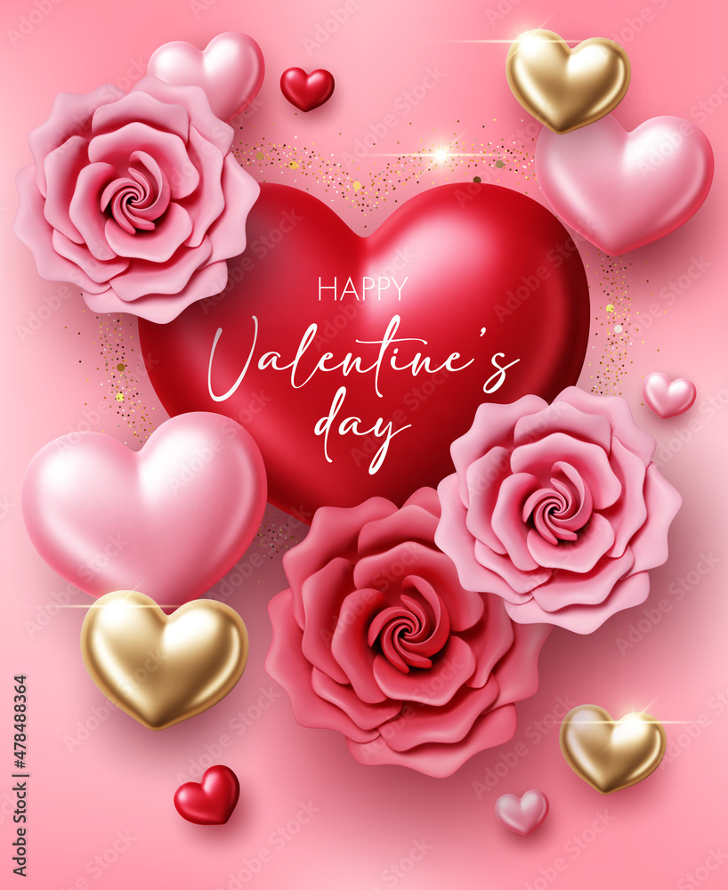 Valentines Day background with 3d hearts and roses. Design element for greeting card or sale banner. Vector illustration