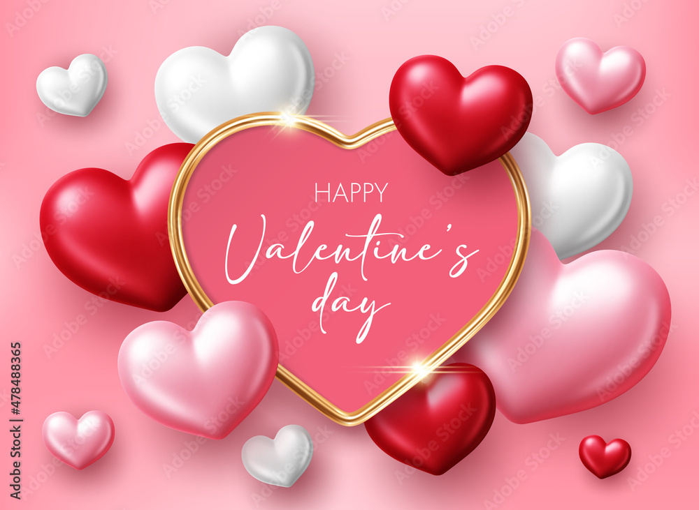 Valentines Day background with 3d hearts. Design element for greeting card or sale banner. Vector illustration