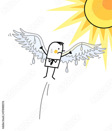 Cartoon Icarus burning his Wings with the Sun