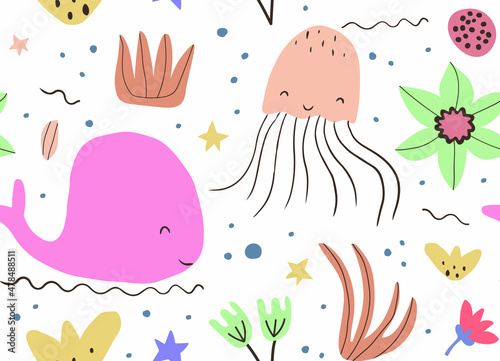 Seamless background with baby style whales ,octopuses, stars and leaves. Pattern for baby shower party, greeting card, textile, wrapping. Vector © YuliaShlyahova