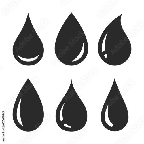 Water drops set of icon collection for app, logo, or web isolated on white. Simple flat falling water, blood, or raindrop. Steam shower condensation on a vertical surface. Vector illustration 