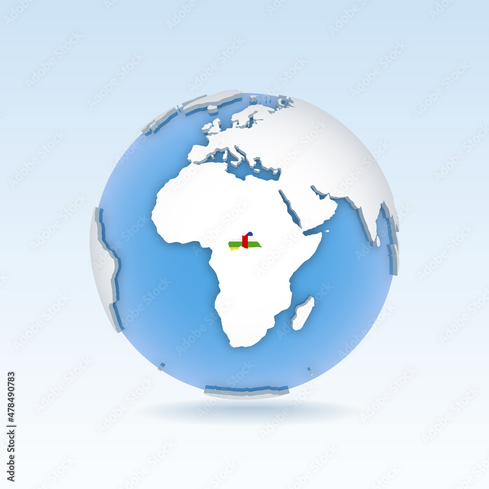 Central African Republic - country map and flag located on globe, world map.