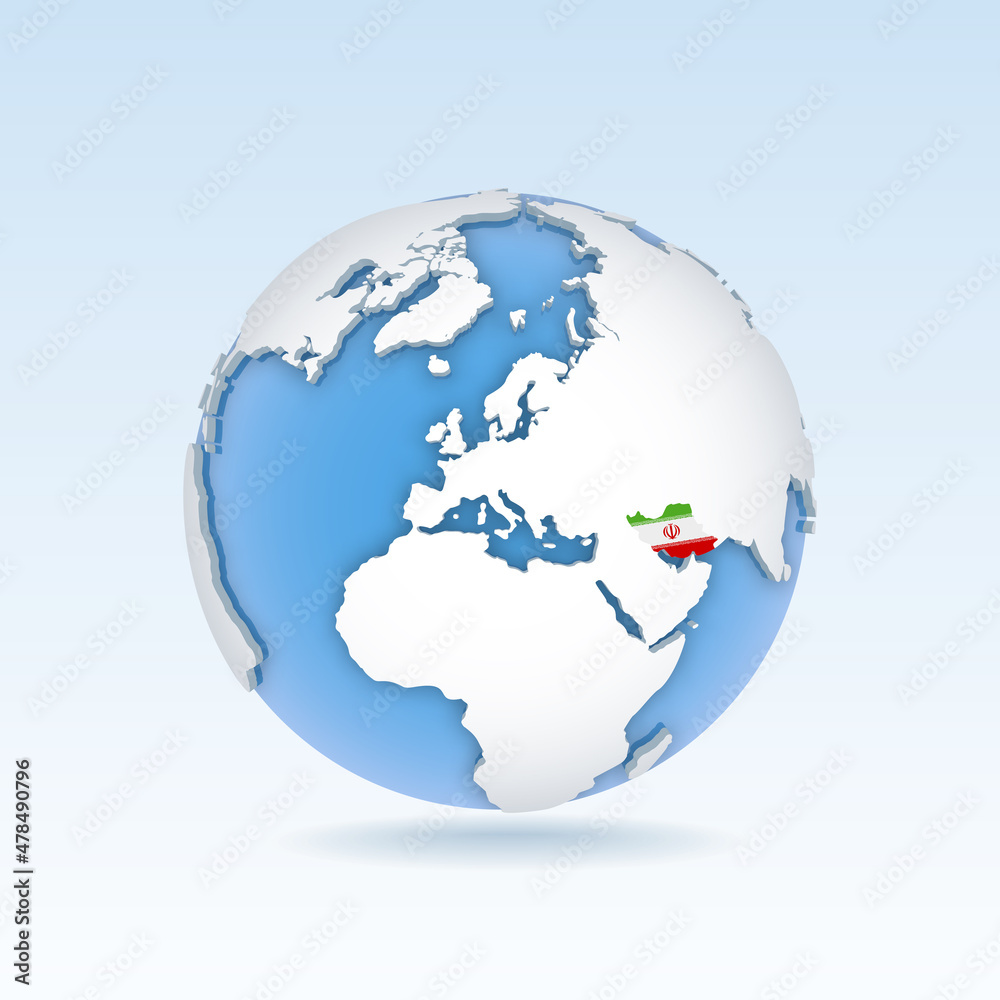 Naklejka premium Iran - country map and flag located on globe, world map.