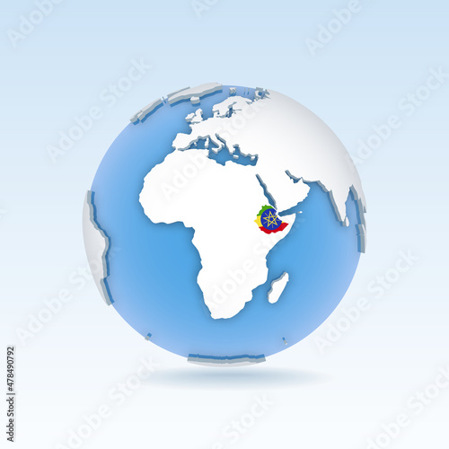 Ethiopia - country map and flag located on globe, world map.