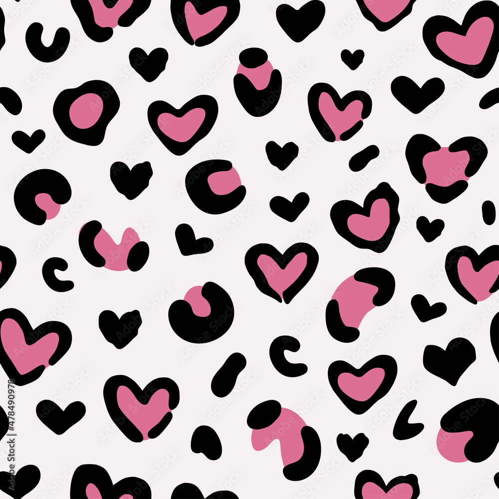 Heart leopard print. Camouflage leopard vector seamless pattern on pink background. Leopard skin texture. Pink leopard heart pattern on valentine's day. Heart leopard print. Camouflage leopard vector seamless pattern on pink background. Leopard skin texture. Pink leopard heart pattern on valentine's day.
