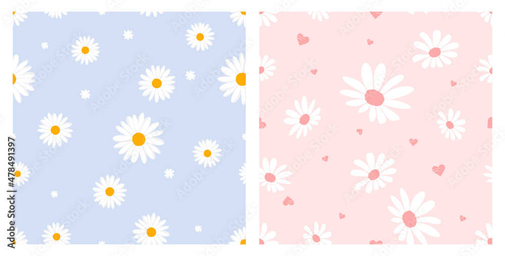 Seamless patterns with daisy flower, dots and hand drawn hearts on blue and pink  background vector.