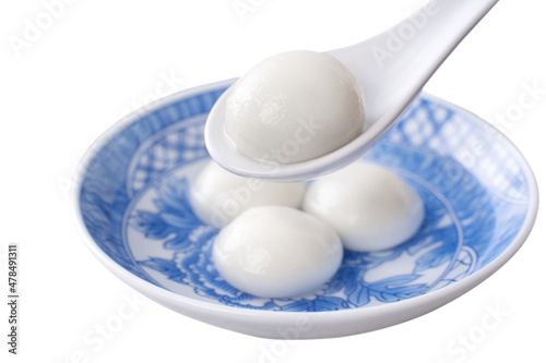 Top view of big tangyuan yuanxiao in a bowl isolated on white background