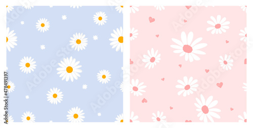 Seamless patterns with daisy flower, dots and hand drawn hearts on blue and pink  background vector.
