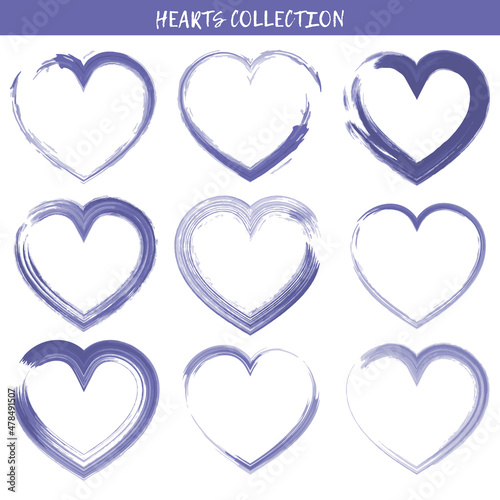 Set of hearts painted with brush strokes for valentine's day. Symbol, icons of purple hearts
