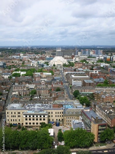 Aerial view with famous Roman Catholic Liverpool Metropolitan Cathedral.