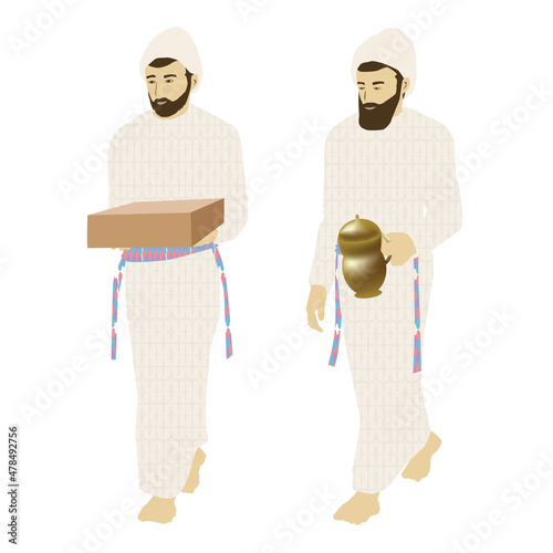 A painting of two traditional Orthodox Jewish priests in ancient clothing from the time of King Solomon's Temple in Jerusalem holding Showbread and a pitcher of frankincense. Vector, isolated,