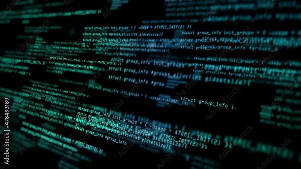 Abstract computer code running technology digital cyberspace. Programming code moving on black screen background, seamless loop.