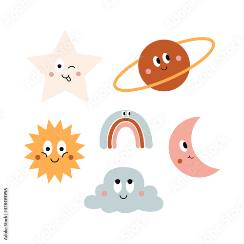Colorful set of funny cartoon icons sun, cloud, planet, moon and rainbow isolated on white background. Cute vector characters illustration 