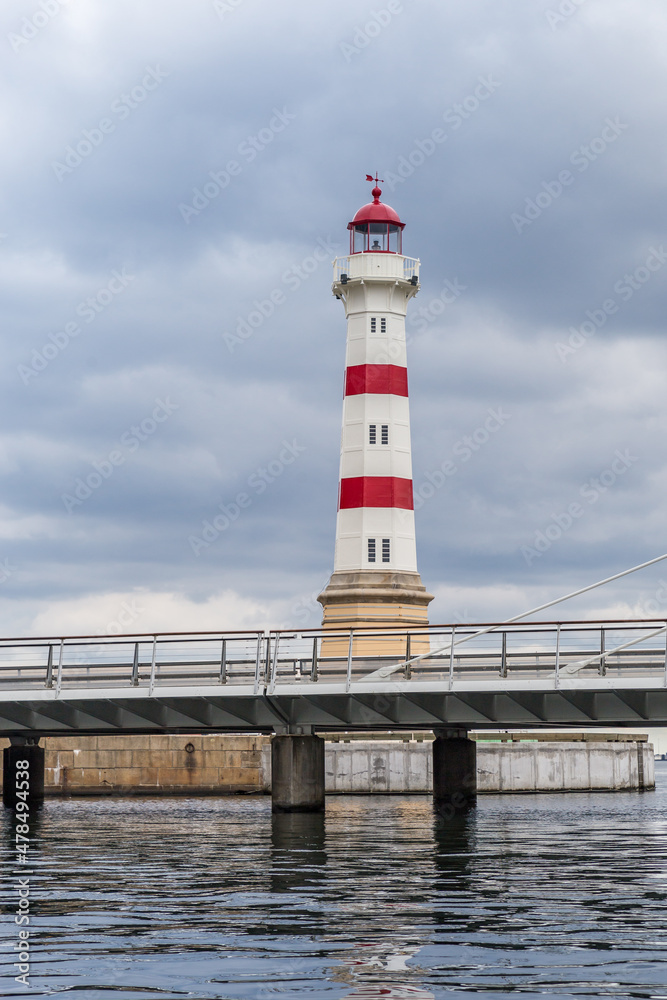 Red an White Striped Lighthouse in Malmo, Sweden, Europe