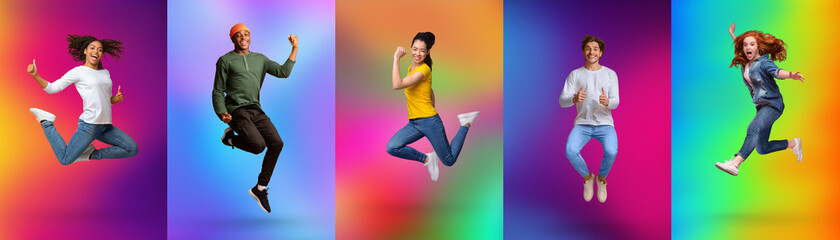 Expressing joy and happiness. Full length of energetic diverse young people jumping over colorful neon backgrounds