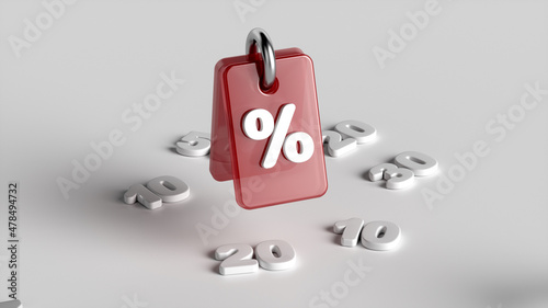 red tag with the image of percent on a white background with numbers. 3d rendering