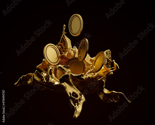 falling Golden coins and golden splash . 3D rendering