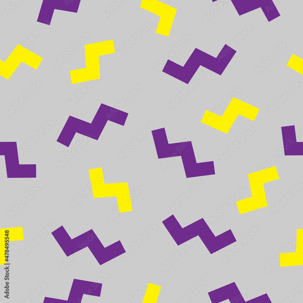 Seamless pattern vector with zigzags. Purple and yellow twist lines on grey background. Cute simple abstract geometric art. For wrapping paper, cover, baby stuff, textile, wallpaper and decoration. Seamless pattern vector with zigzags. Purple and yellow twist lines on grey background. Cute simple abstract geometric art. For wrapping paper, cover, baby stuff, textile, wallpaper and decoration.