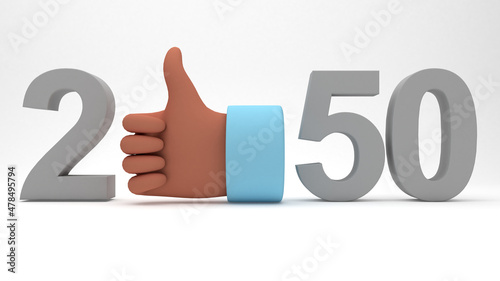 3D illustration of year 2050 with a thumbs up hand