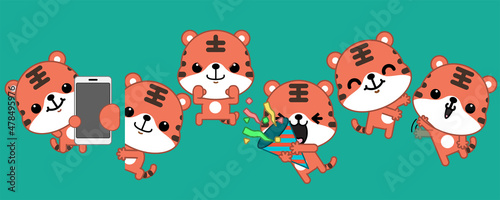 Fototapeta Naklejka Na Ścianę i Meble -  Cute tiger characters collection with different poses. Happy Chinese lunar new year 2022 with cute tiger. Vector illustration.
