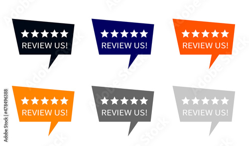 Review us. Rating in Speech bubble. 5 stars. Five star rating. Vector illustration.
