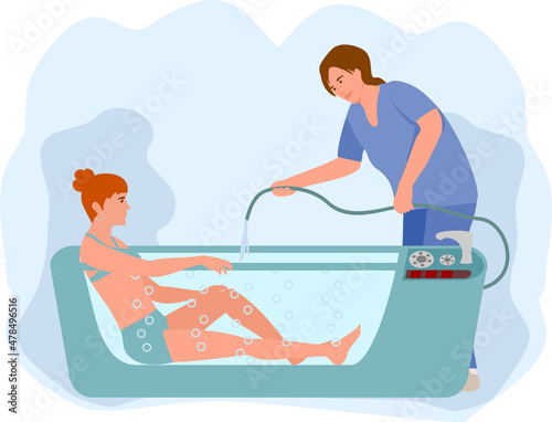 Therapeutic whirlpool bath. Flat therapist character working with disabled patient, rehabilitating physical activity, physiotherapy isolated on white.