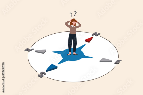 Lost direction, frustrated to make decision or challenge to find right solution, unknown career path or work guidance concept, confused businesswoman in the middle of compass thinking which way to go. photo