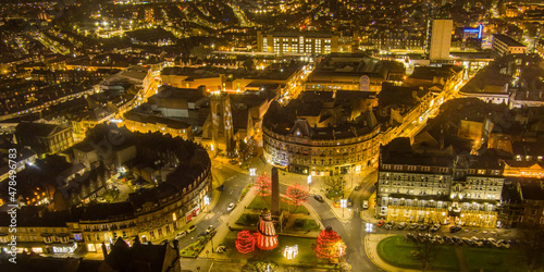 Aerial view of harrogate in Northern England at night at Christmas