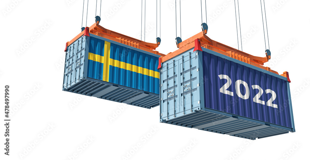 Trading 2022. Freight container with Sweden national flag. 3D Rendering Trading 2022. Freight container with Sweden national flag. 3D Rendering