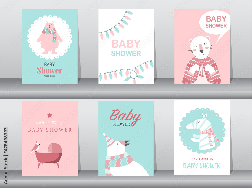 Set of baby shower invitation cards,birthday cards,poster,template,greeting cards,cute,bear,bird,zoo,animal,Vector illustrations