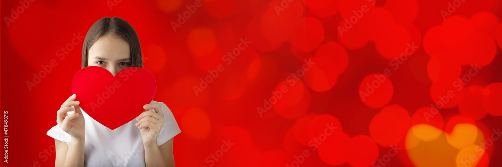valentines day banner with girl with heart on red background with bokeh valentines day banner with girl with heart on red background with bokeh