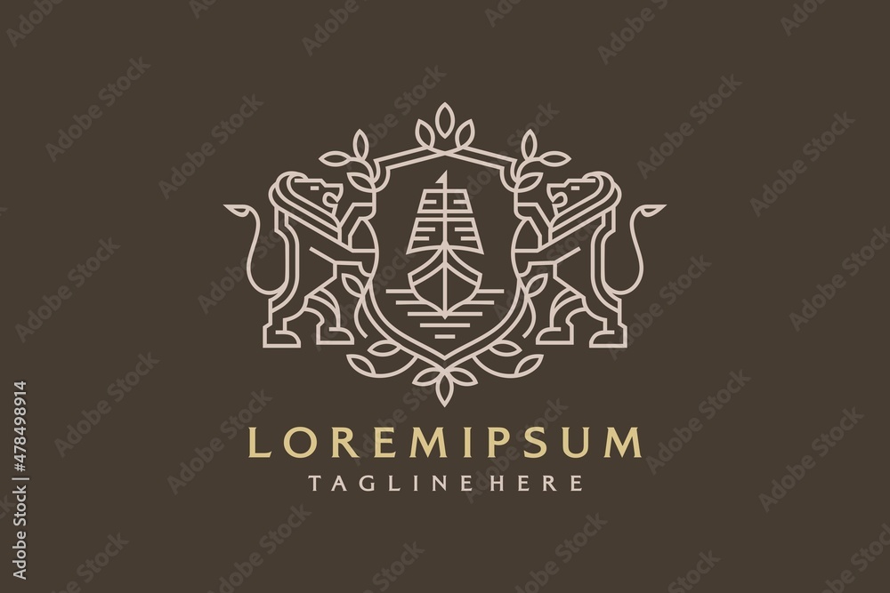 Family Coat of Arms vector with a lion and ship icon Family Coat of Arms vector with a lion and ship icon